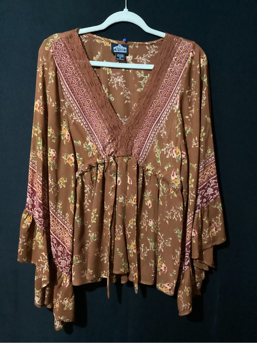 Brown Floral Lace-Trim Boho Top